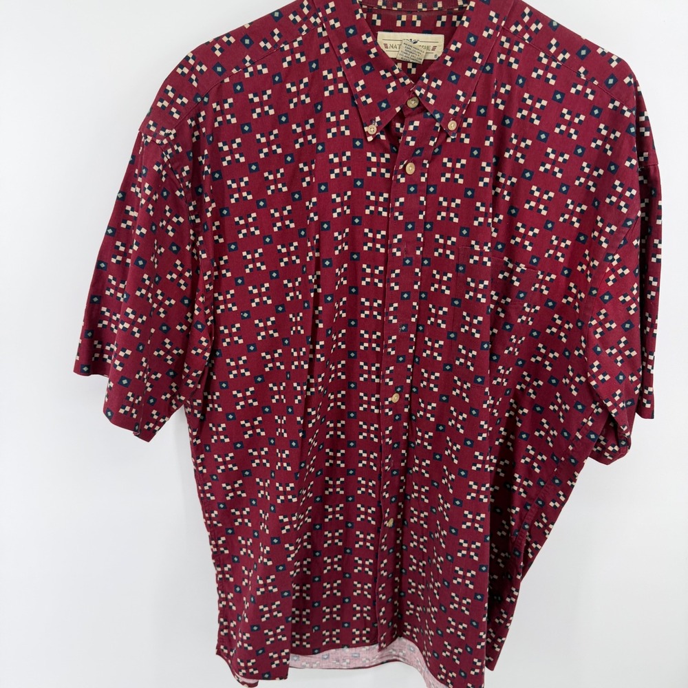 Natural Issue Mens XL Burgundy Geometric Tile Short Sleeve Button Down Shirt